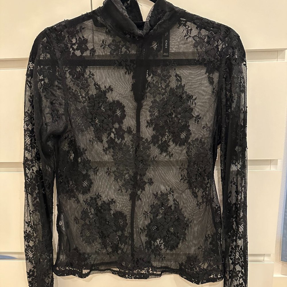 Mango Mesh Floral Mock-Neck Top